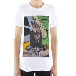 ELEVENPARIS Men's White Graphic T Shirt Jesus Loves Wolves Print Size M